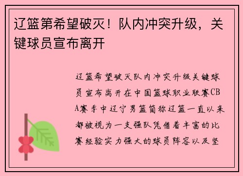 辽篮第希望破灭！队内冲突升级，关键球员宣布离开
