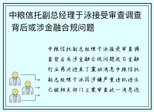 中粮信托副总经理于泳接受审查调查 背后或涉金融合规问题