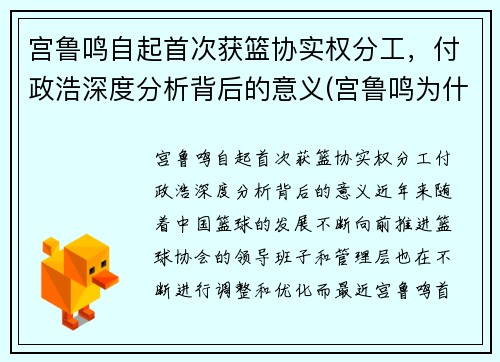 宫鲁鸣自起首次获篮协实权分工，付政浩深度分析背后的意义(宫鲁鸣为什么不带cba)
