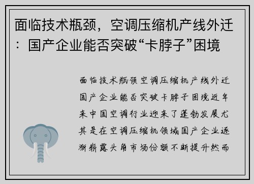 面临技术瓶颈，空调压缩机产线外迁：国产企业能否突破“卡脖子”困境？